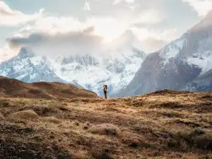 Mountain views with sunsets, huge mountains in torres del paine