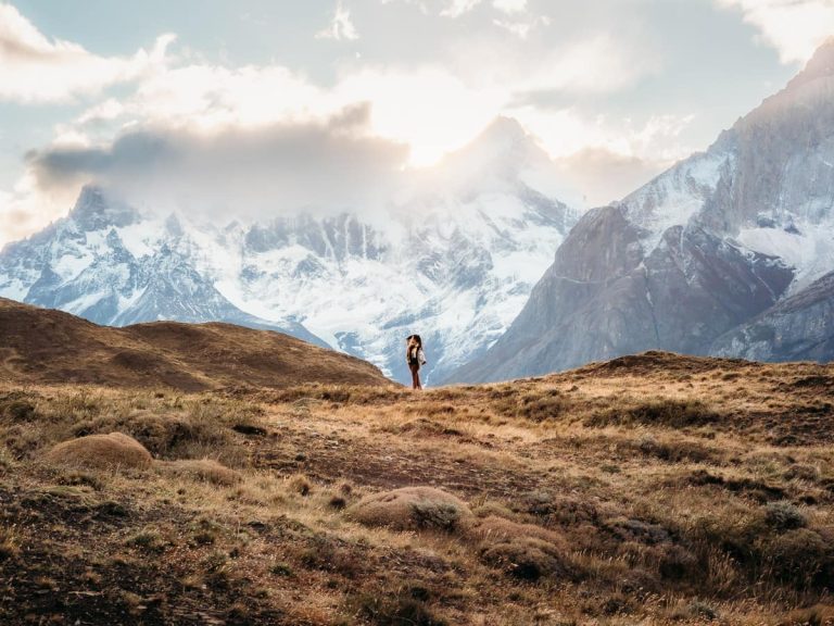 Mountain views with sunsets, huge mountains in torres del paine