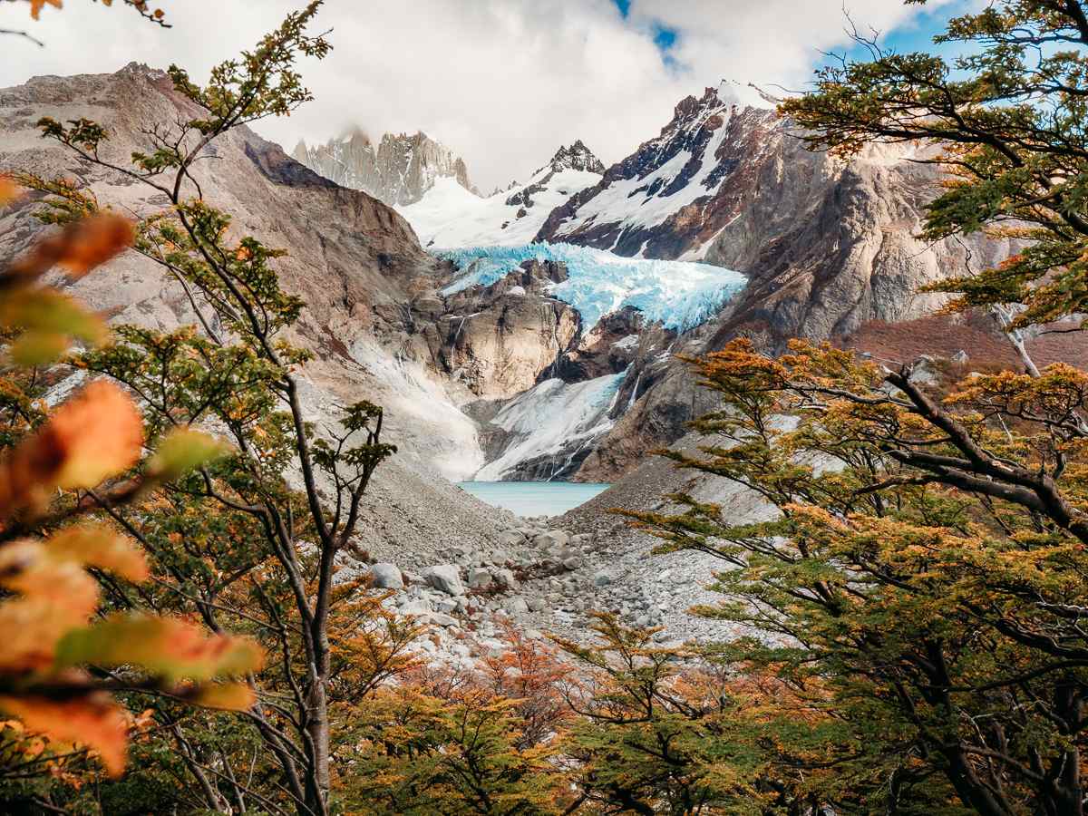 closeup view of the glacier on top of the mountain in Los glaciares national park