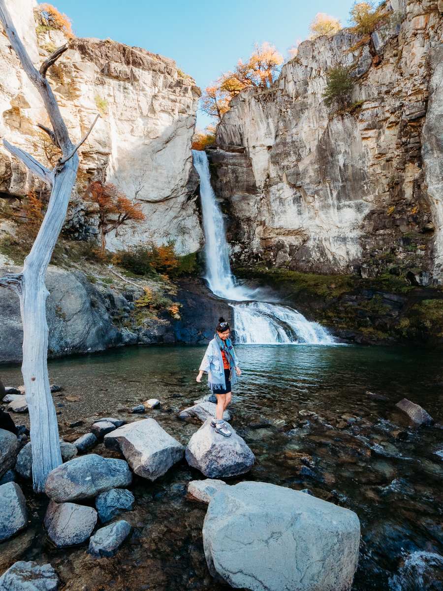 Standing in front of the waterfall Chorillo del Salto in Argentina Patagonia Los Glaciares