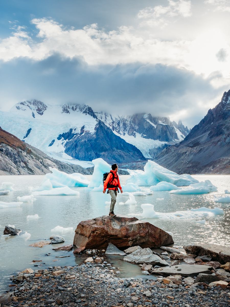 standing in front of icebergs in Argentina Patagonia