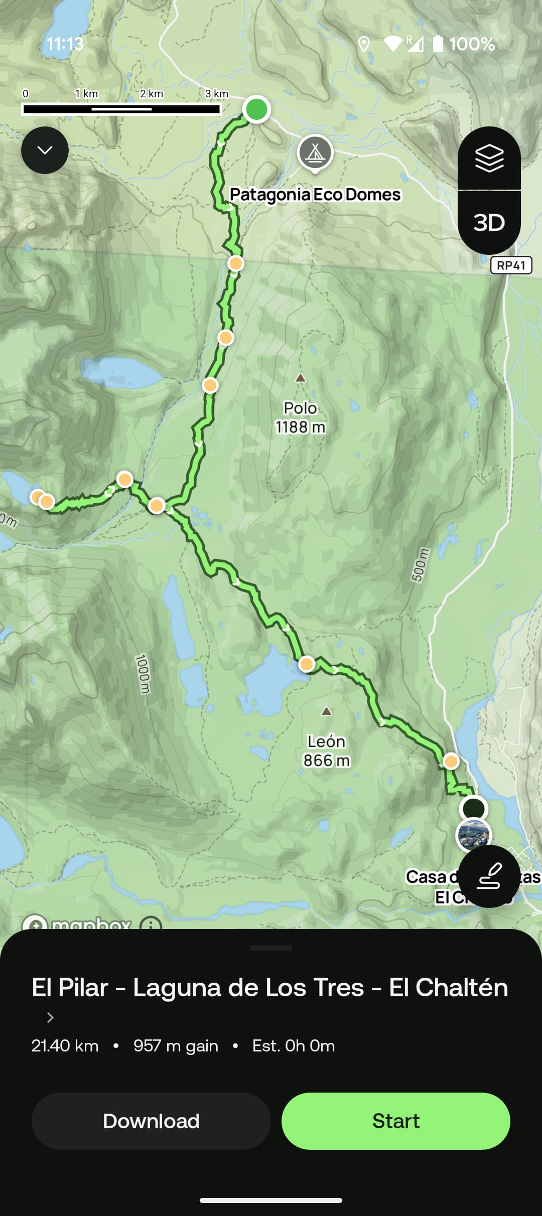 AllTrails map of the hike in Patagonia