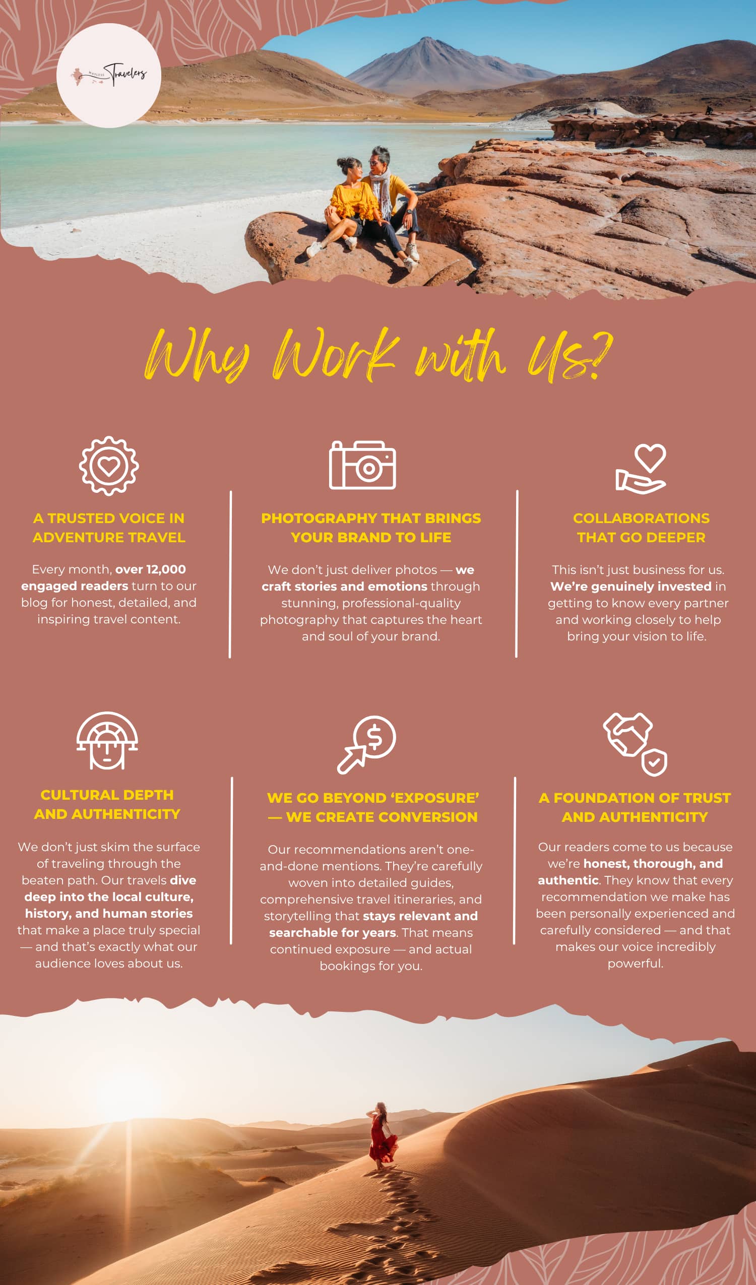 Pictogram showing the 6 reasons why you should work with us
