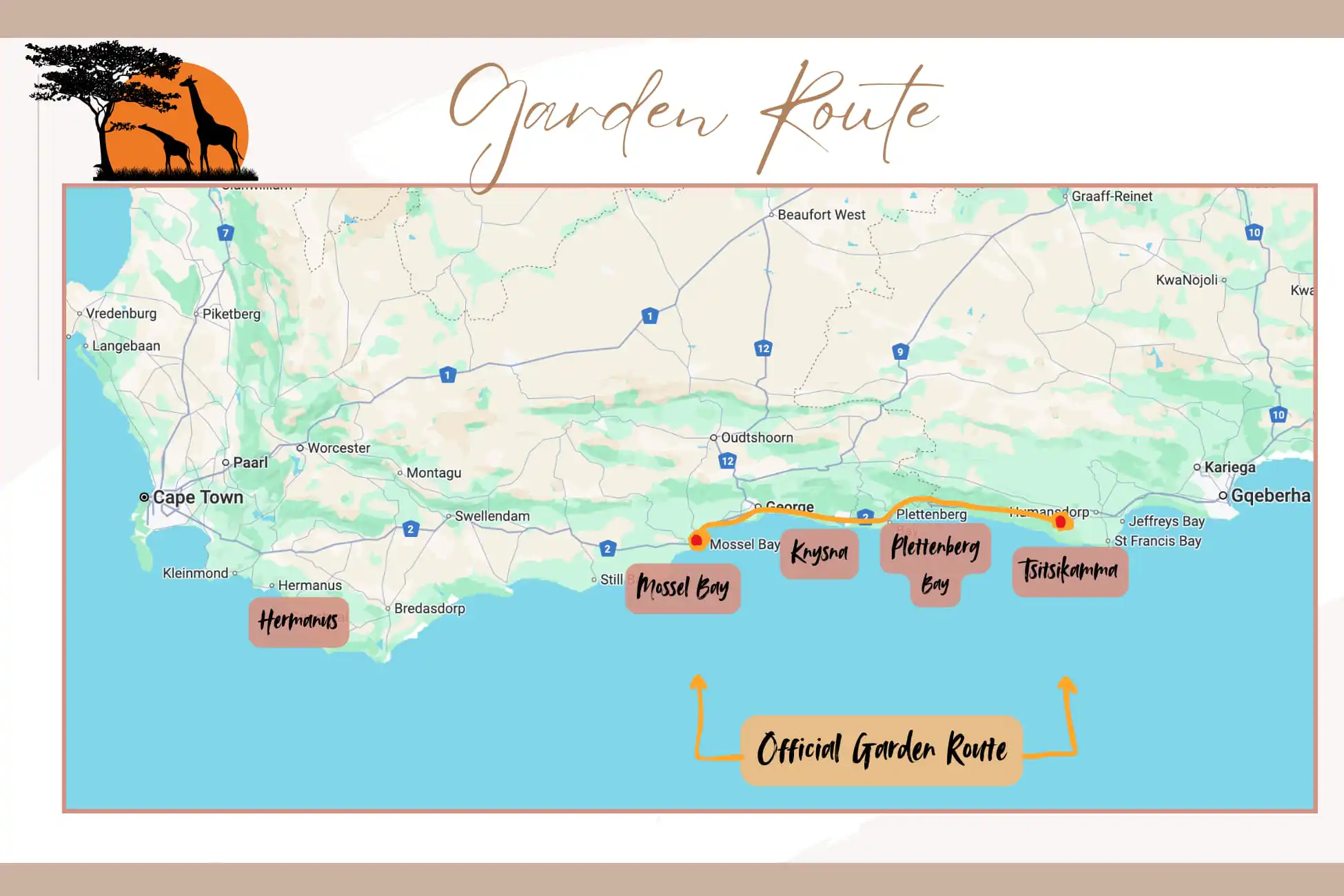 Map of the Things to do on the Garden Route, and where the Garden route starts and ends