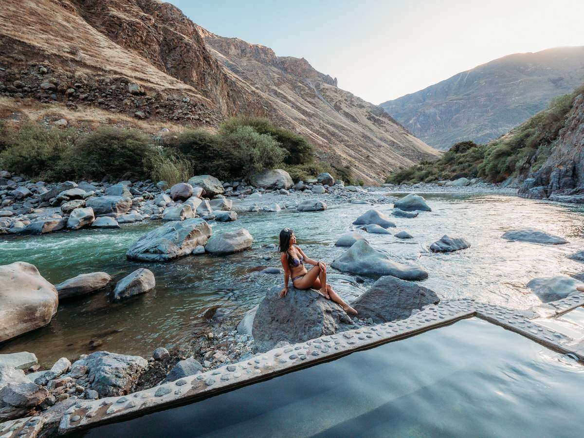 Soaking in the geothermal hot springs during our Colca Canyon Trek Without Guide