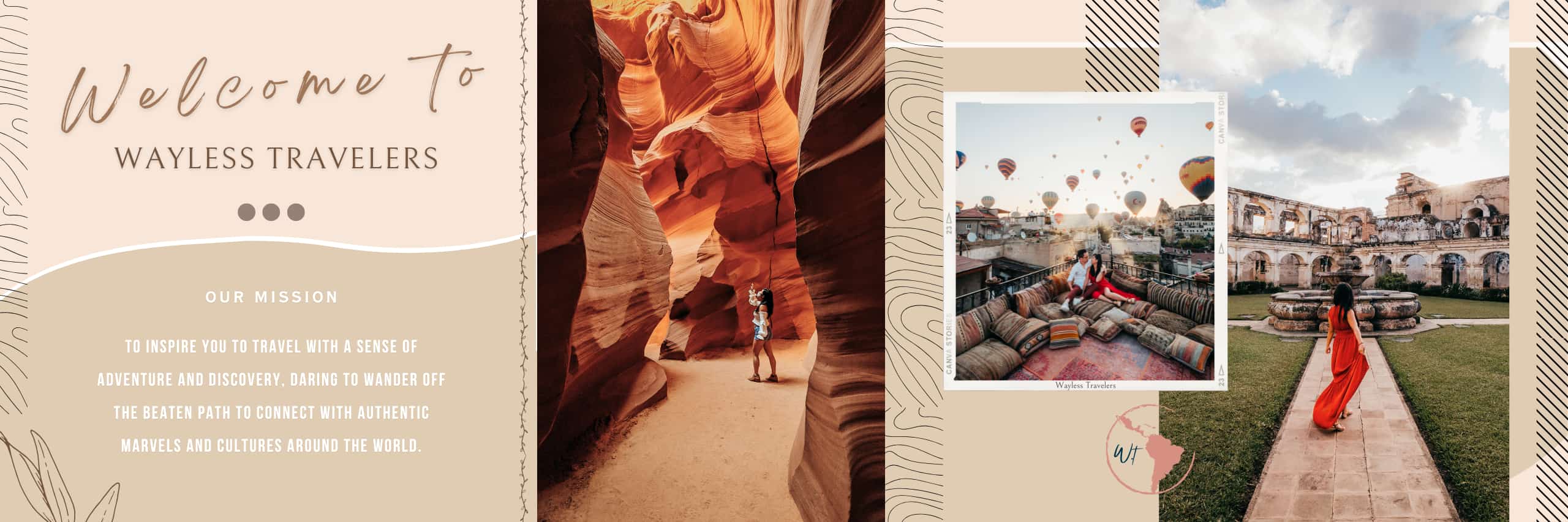 Home Page Wayless Travelers Banner Image showing our mission and photos from Utah and Guatemala