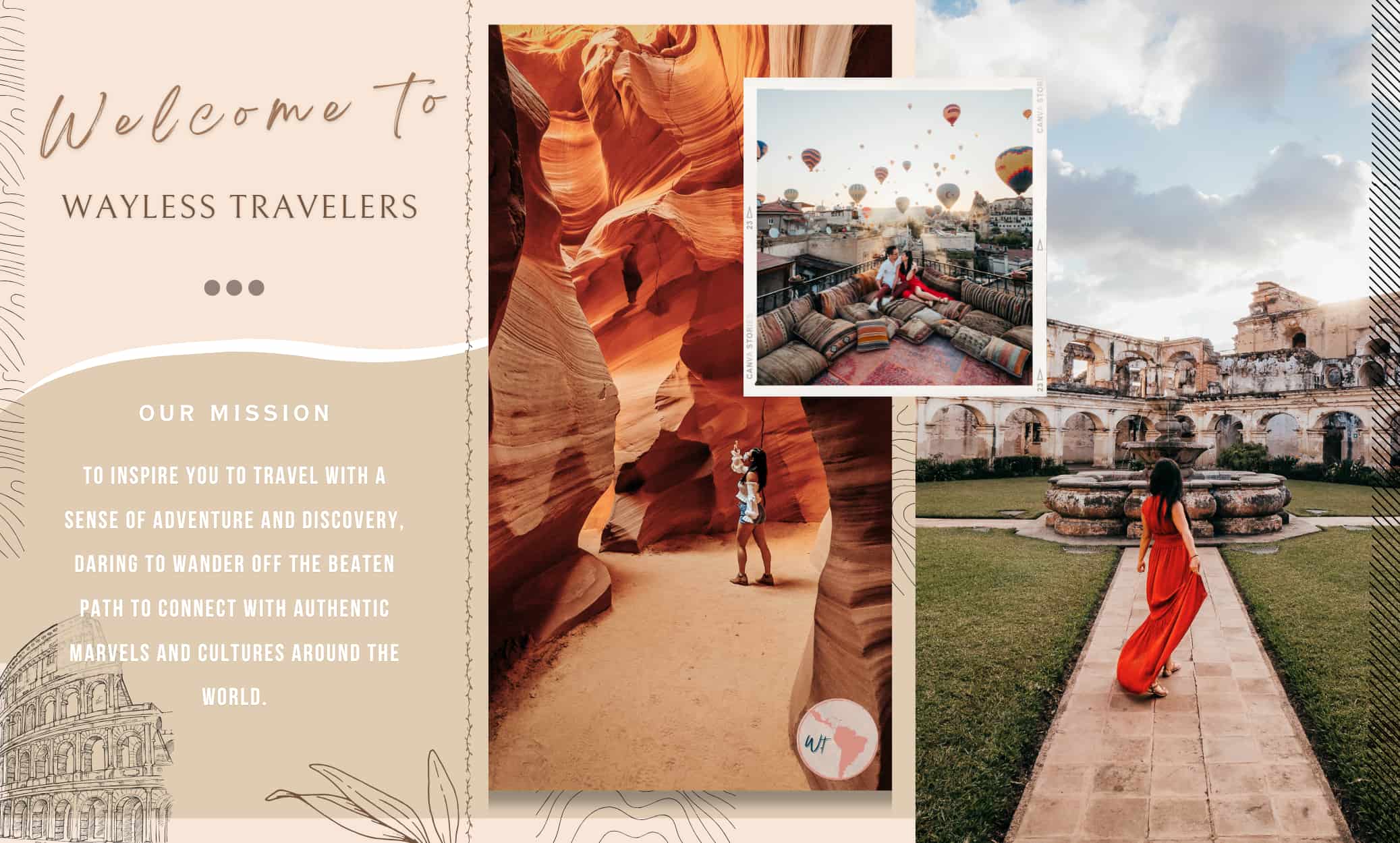 WaylessTravelers Mobile Home page banner showing our mission and photos from utah and Guatemala