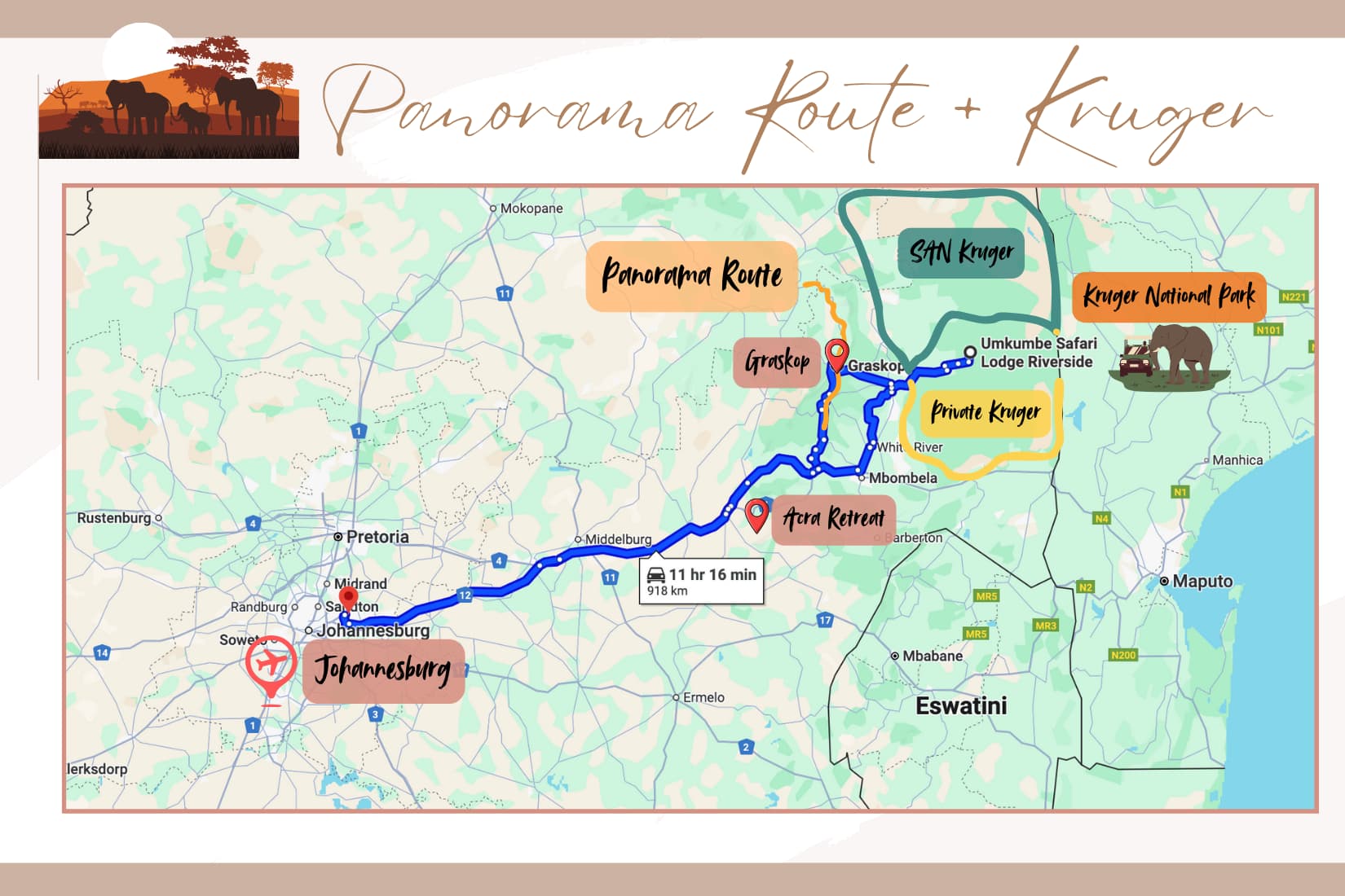 Panorama route and kruger national park route map