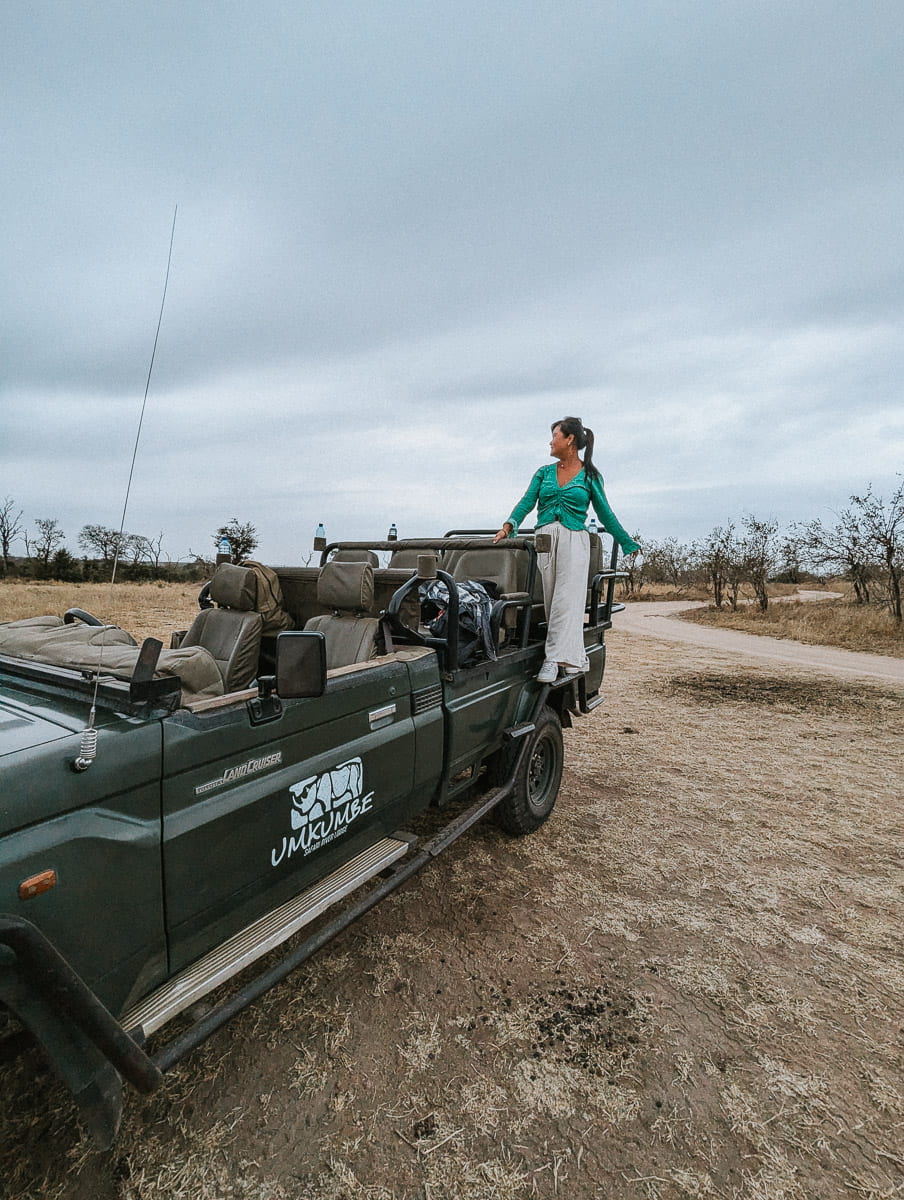 standing on the game vehicle at umkumbe lodge in Kruger national park