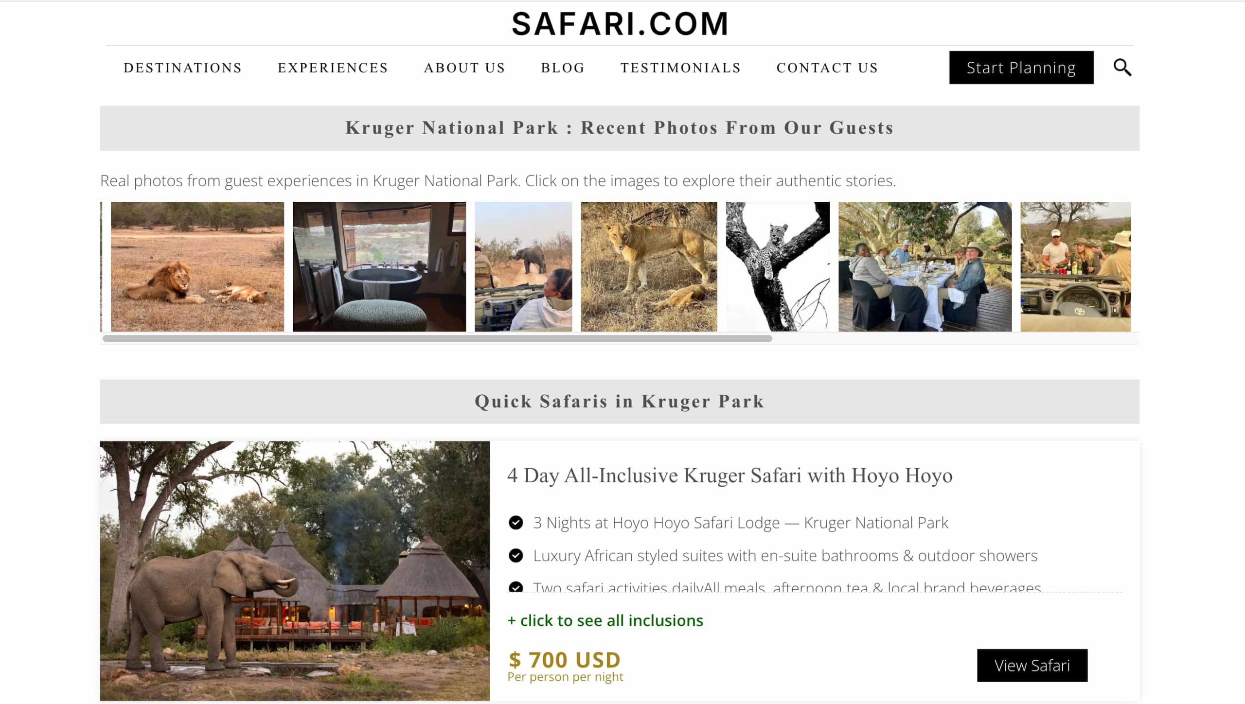 Safari.com Website page with Kruger safaris