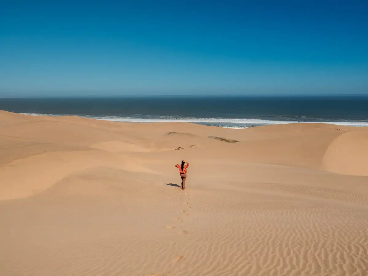 View of the sand dunes meeting the ocean in Sandwich Harbour tour