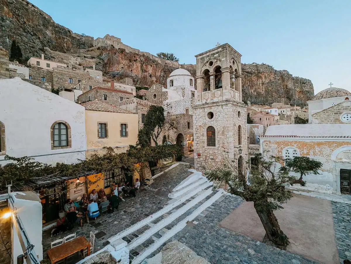 rooftop terrace view of main plaza in monemvasia