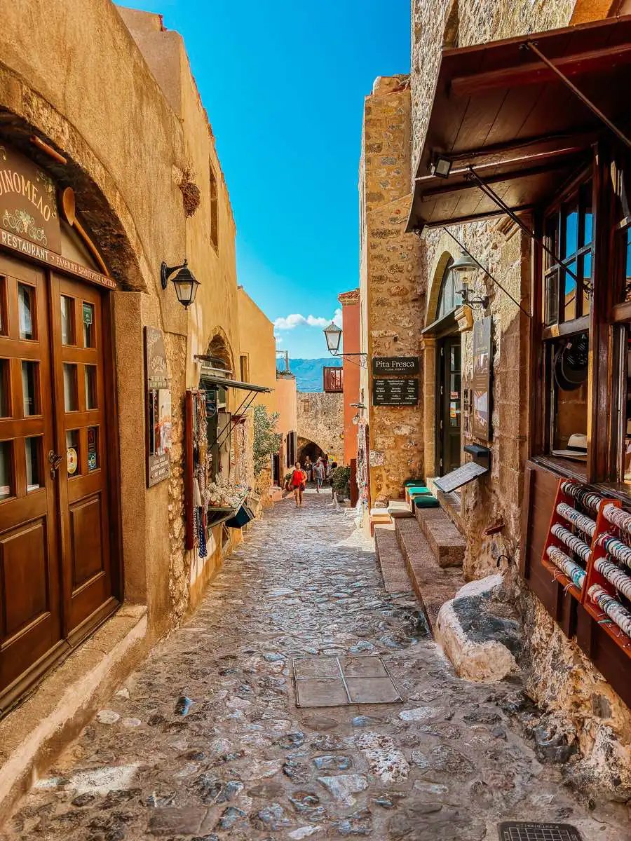 streets of monemvasia with flowers