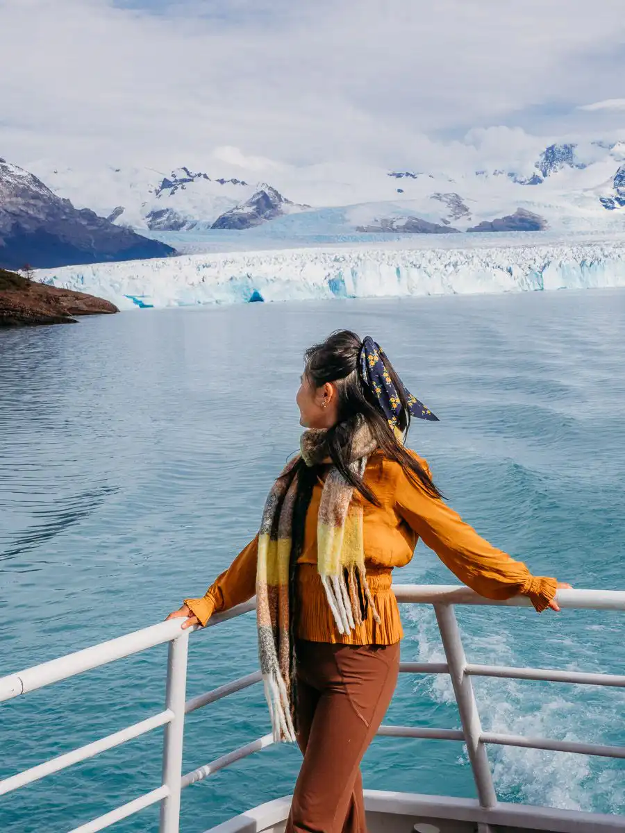 woman on the boat navigation to perito moreno glacier