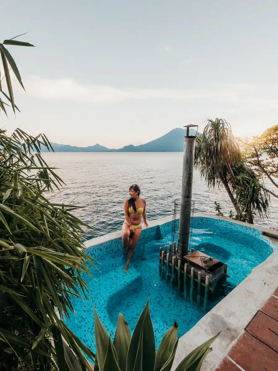 sitting in the hot tub in Lake Atitlan