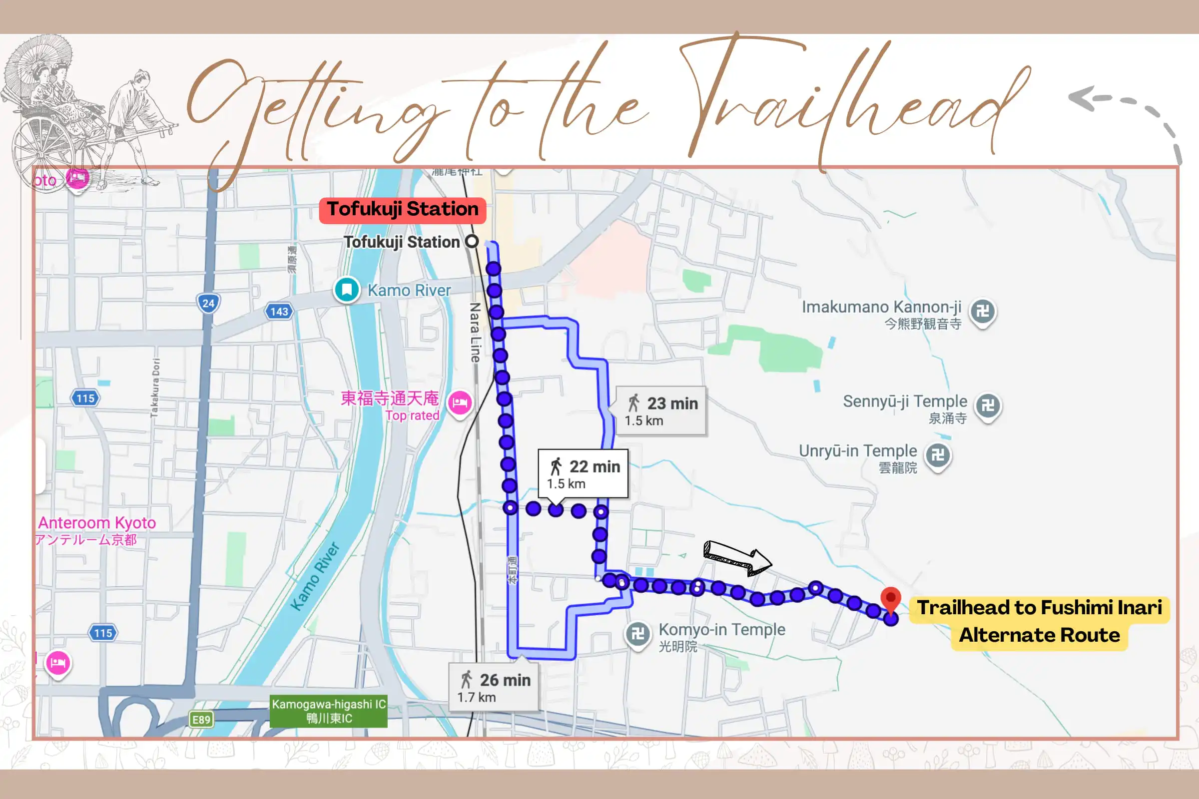 map to get to trailhead of hidden side of fushimi inari