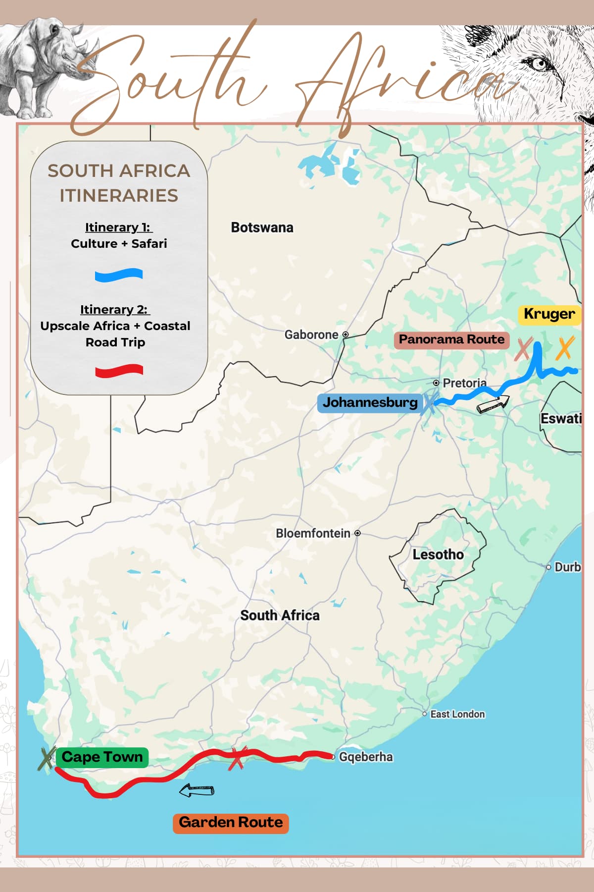 map of south africa and two distinct South Africa travel itineraries