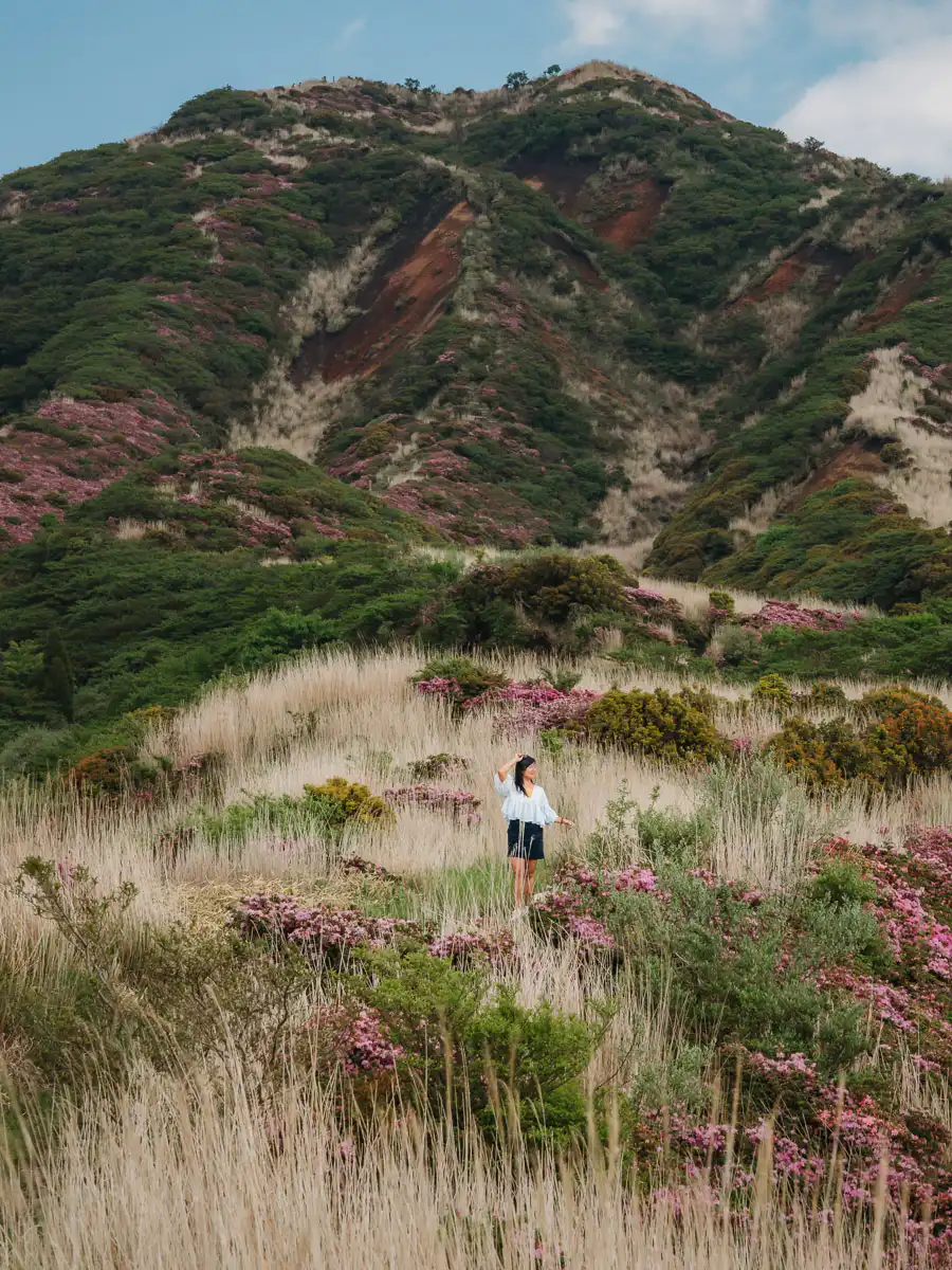 hiking around the grass on mount aso
