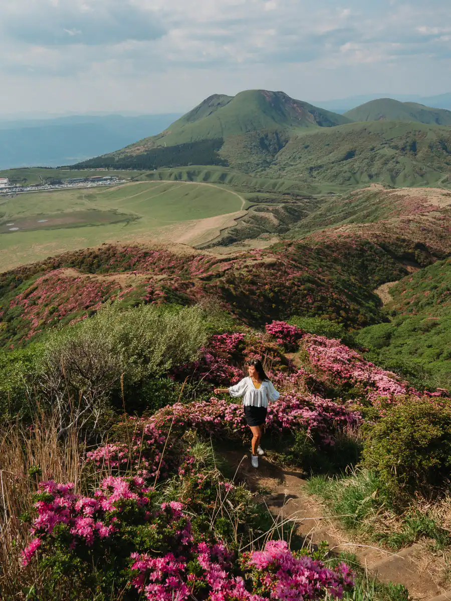 Hiking in Mount aso surrounded by flowers