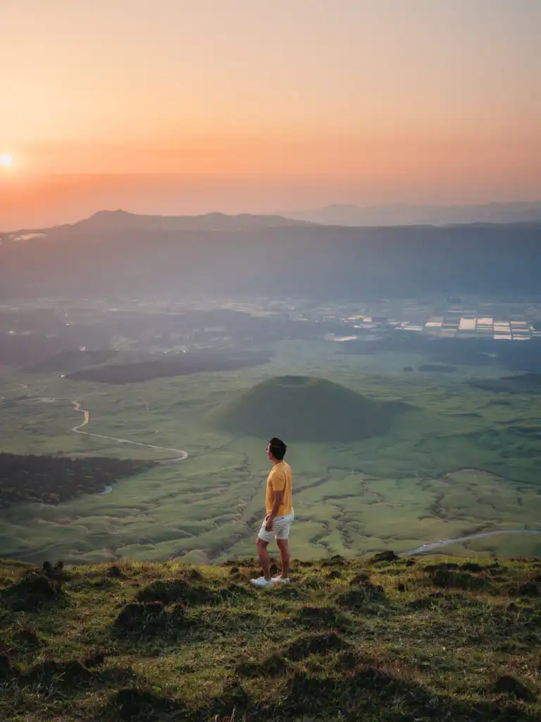 sunset at mount kishimadake with view of small volcano