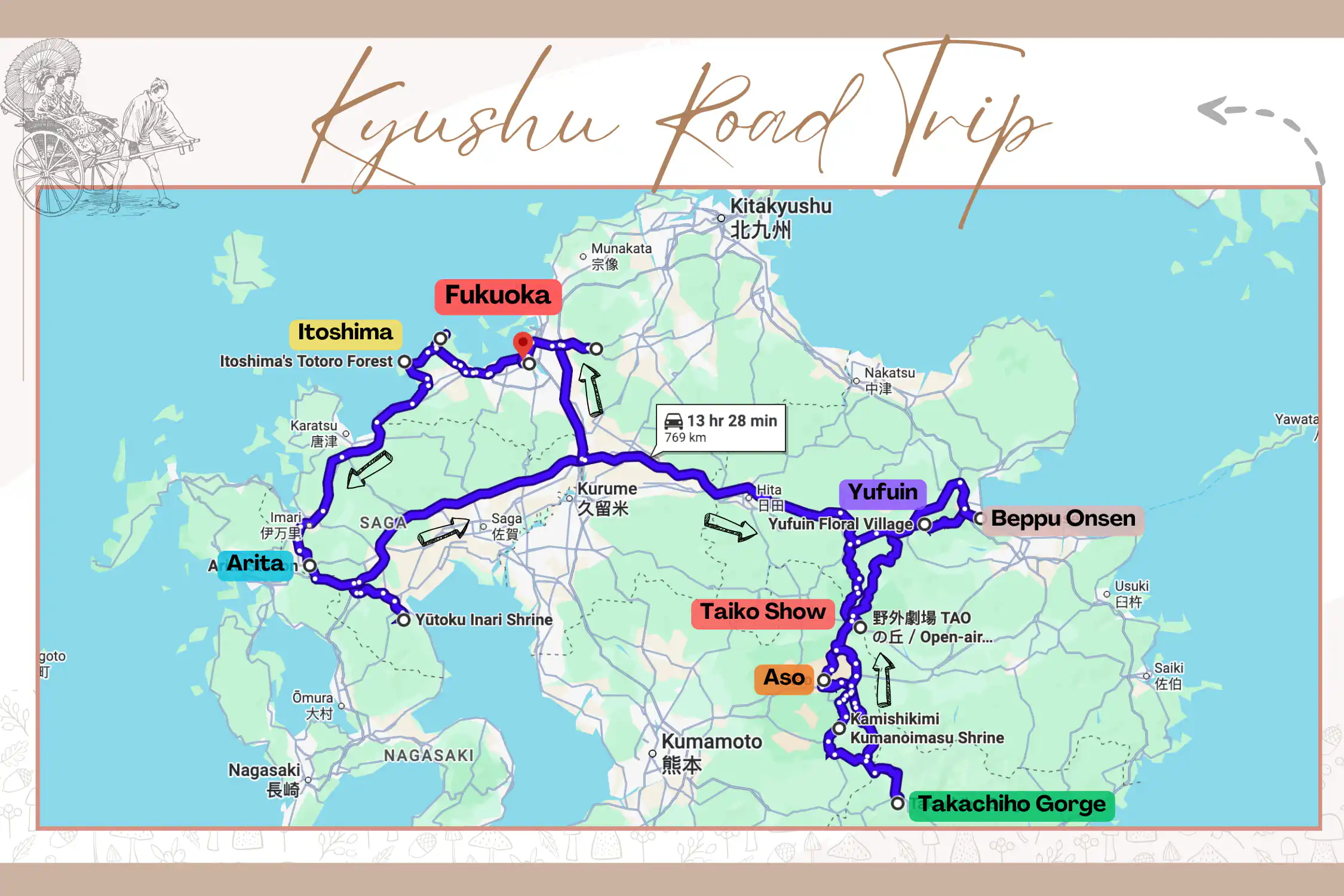 map of the exact route we took on this 2 weeks kyushu road trip itinerary