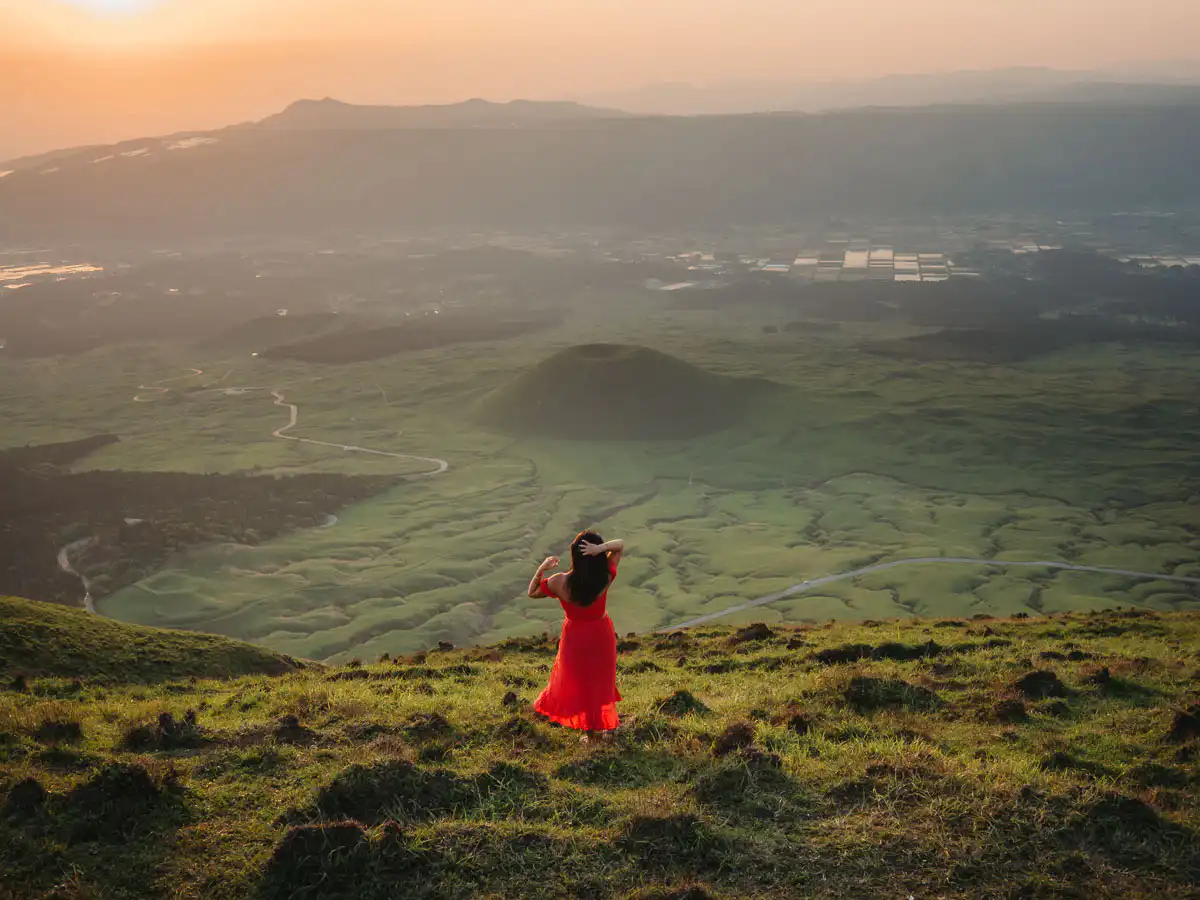 view from Mount aso at sunset