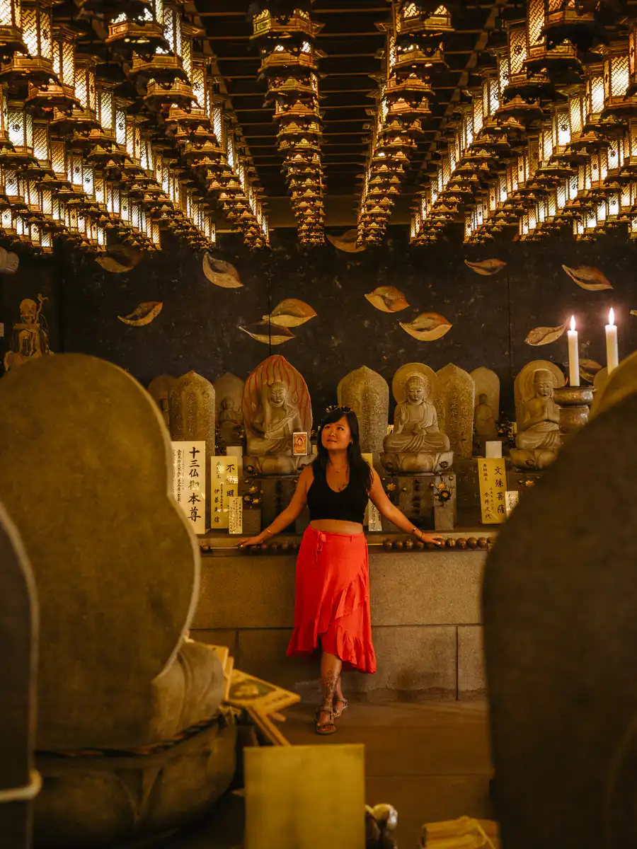 lights on the ceiling in the temple in Miyajima