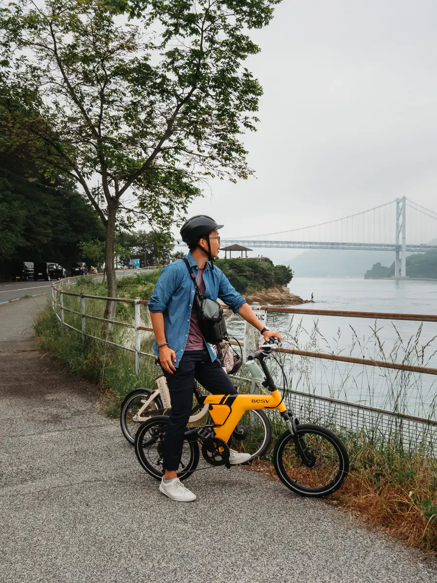 me on my e-assisted bike cycling the Shimanami kaido